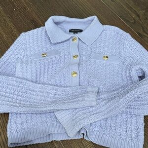 Ann Taylor Lilac Knit Polo Cardigan with Gold-Tone Buttons